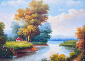 quadro paisagem rio e árvores