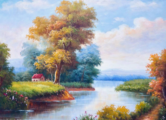 quadro paisagem rio e árvores